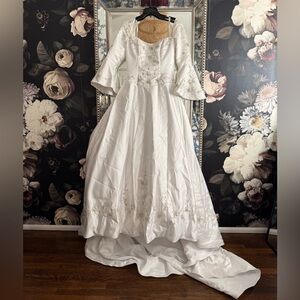 Vintage White Wedding Dress with Embroidery and bell sleeves